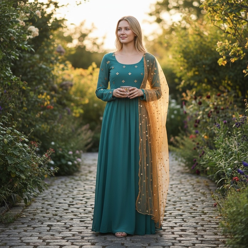 Panit Teal Green Anarkali Maxi Dress Gold Sequin Embroidery with Orange Dupatta